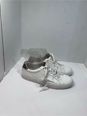 J. Crew White Leather Sneakers with Leopard Heel Accent